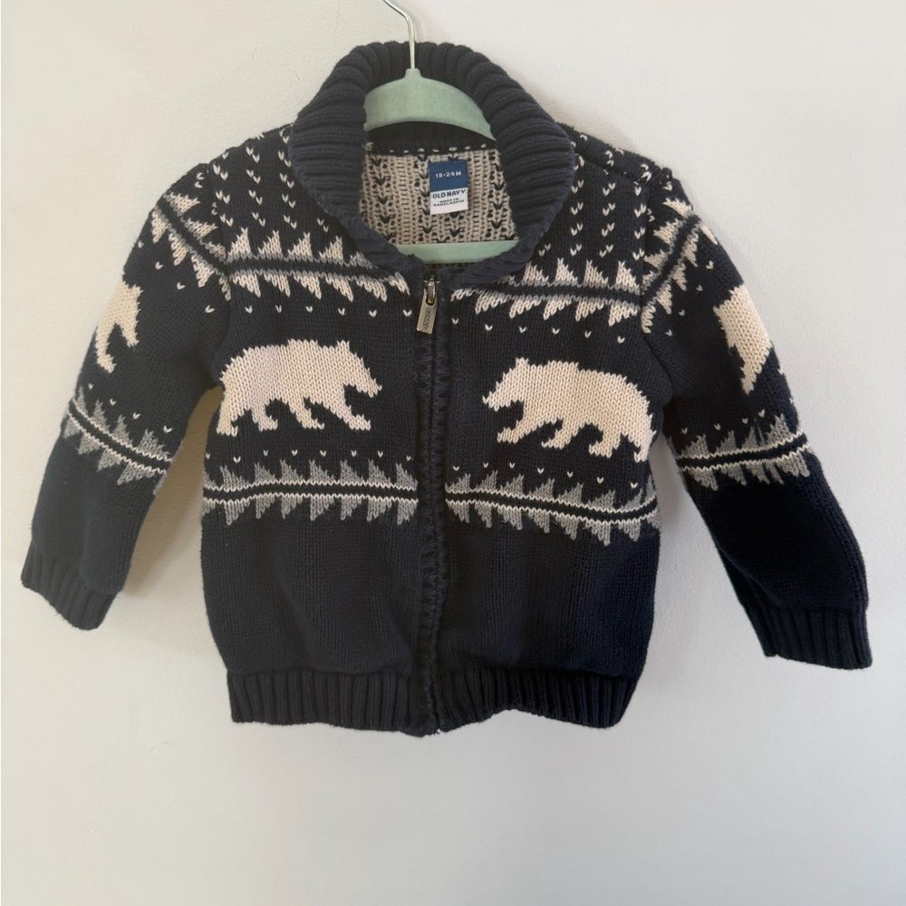 Old Navy Black & Cream Bear Zip Knit Sweater Jacket - Picture 1 of 5